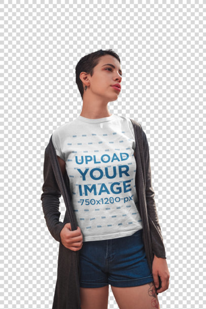 Transparent Mockup of a Woman with a Neck Tattoo Wearing a Camping T-Shirt