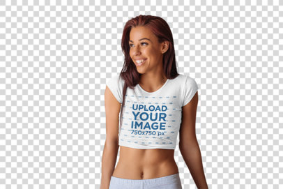 Transparent Mockup of a Fit Woman Wearing a Crop Top Tee in the Kitchen 