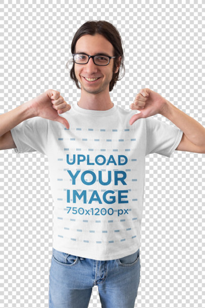 Transparent Mockup of a Happy Customer with Glasses Pointing His Own T-Shirt 