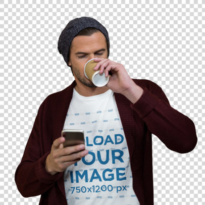Transparent T-Shirt Mockup of a Man Relaxing Drinking Coffee