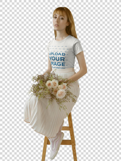 Transparent Woman Wearing a Round Neck T-Shirt Mockup while Holding Flowers on her Lap