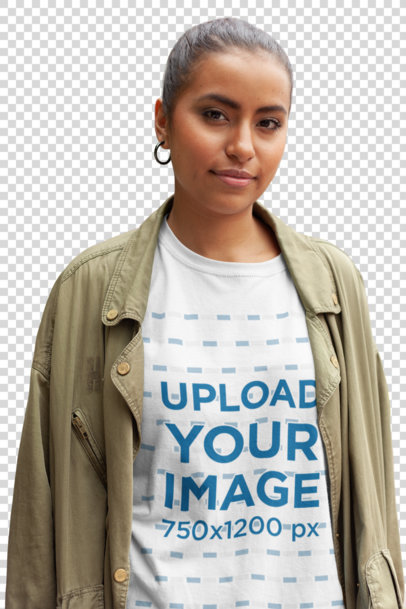 Transparent Unisex T-Shirt Mockup Featuring a Woman Out and About with a Casual Look