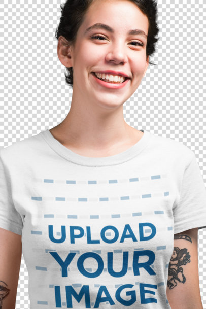 Transparent Mockup of a Smiling Woman With Tattoos Wearing a T-Shirt 