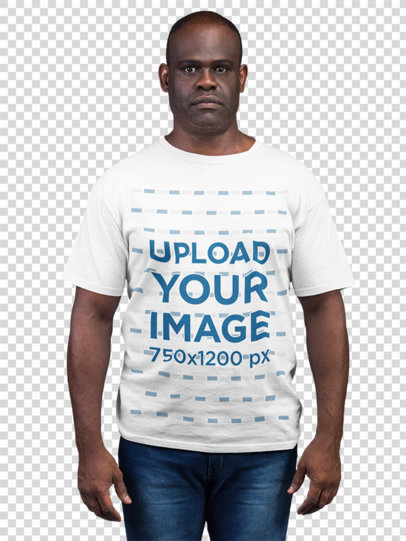 Transparent Mockup Featuring a Man Wearing T-Shirt and Jeans with a Serious Expression