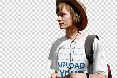 Transparent Mockup of a Woman with a Loose Tee and Hat