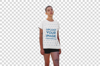 Transparent Tee Mockup of a Woman with a Buzz Cut Standing Outside