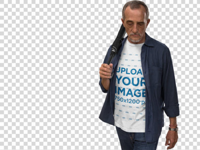 Transparent Elder Man Outdoors Wearing a T-Shirt and Carrying an Umbrella Mockup