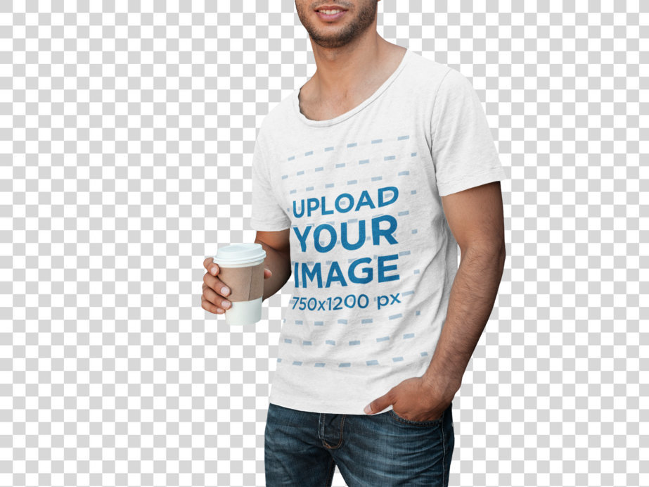 Transparent T-Shirt Mockup Template of a Young Man Holding a Cup of Coffee