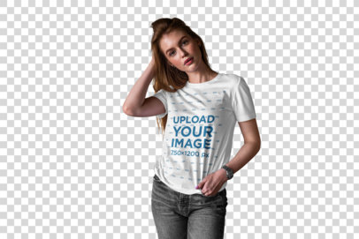 Transparent Mockup of a Woman Wearing a T-Shirt in a Small Boutique