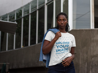 Serious Woman with Locs Wearing a Round Neck Tee Template While Walking in the City