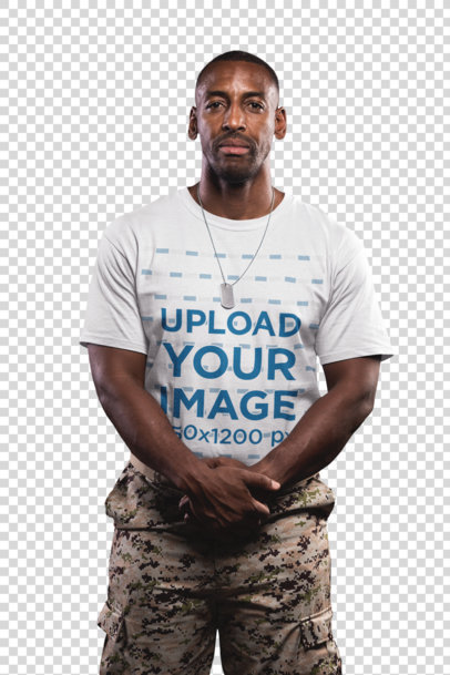 Transparent Veteran Wearing a T-Shirt Mockup Standing Against the American Flag