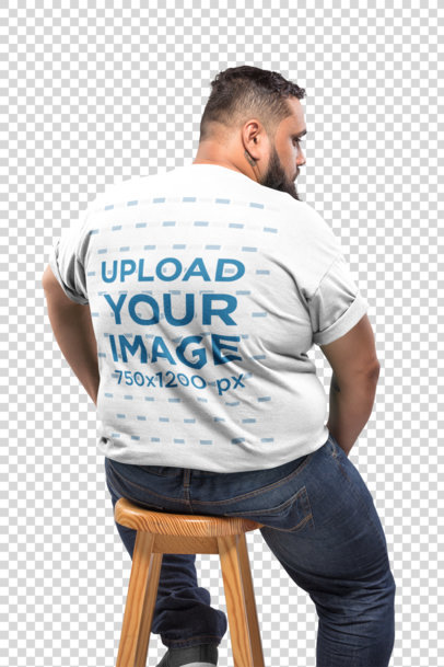 Transparent Back Shot of a Plus Size T-Shirt Mockup Featuring a Man Sitting on a Stool