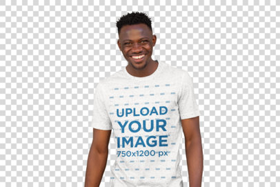 Transparent Mockup of a Smiling Man with Short Afro Hair Wearing Round Neck