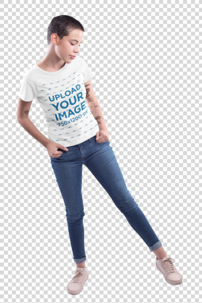 Transparent T-Shirt Mockup Featuring a Tattooed Girl  Wearing Jeans and Sneakers