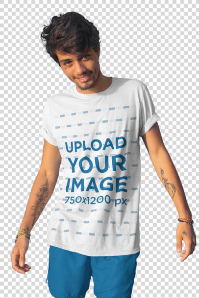 Transparent T-Shirt Mockup of a Tattooed Young Man Smiling