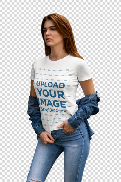 Transparent T-Shirt Mockup of a Woman Wearing Denim