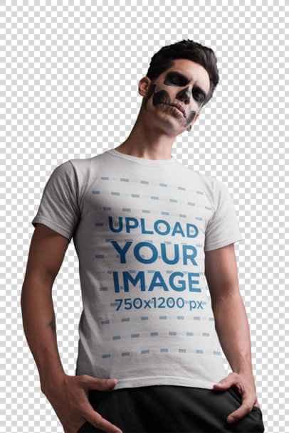 Transparent T-Shirt Mockup Featuring a Man with Skeleton Makeup