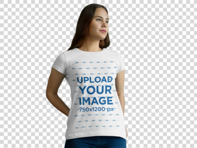 Transparent T-Shirt Mockup of a Woman with Straight Hair Smiling a Little