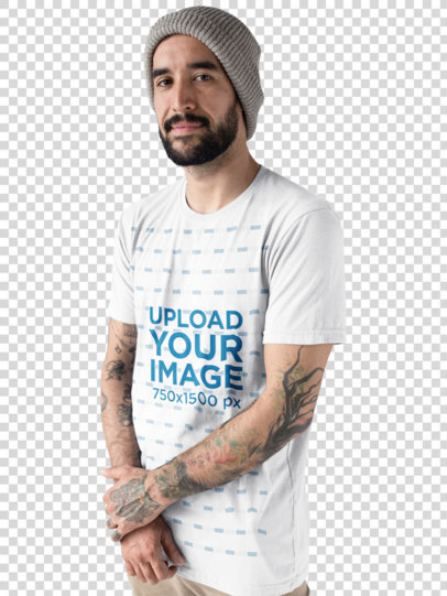 Transparent T-Shirt Mockup of a Tattooed Man With a Beard Wearing a Beanie
