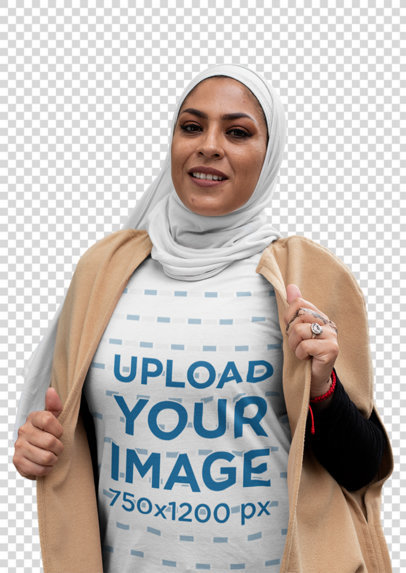 Transparent T-Shirt Mockup of a Smiling Woman Wearing a Hijab