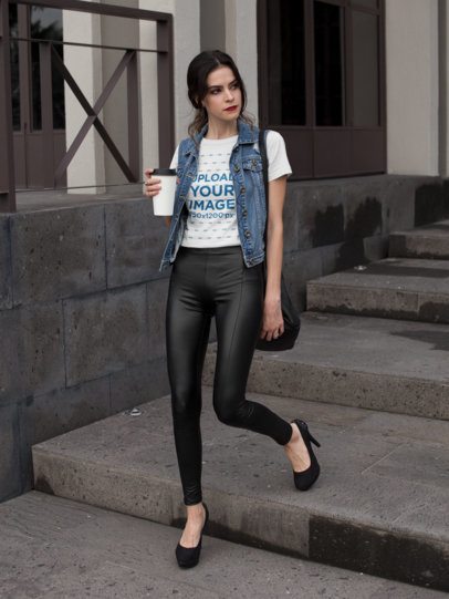 Fashion Woman Walking in the Morning Wearing a Round Neck Tee Mockup