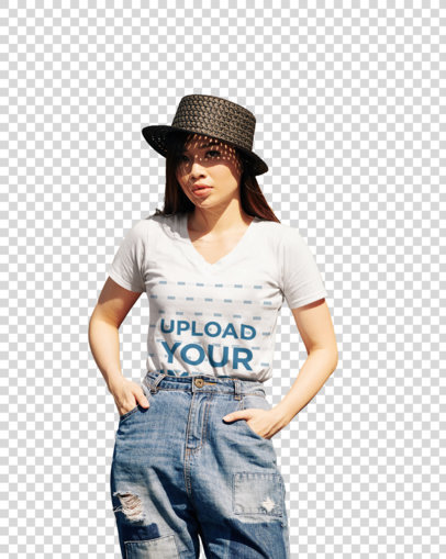 Transparent V-Neck T-Shirt Mockup of a Fashionable Woman Posing 45137-r-el2