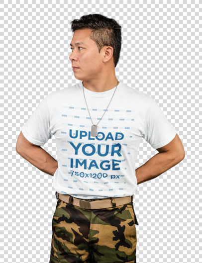 Transparent Mid Shot T-Shirt Mockup Featuring a Serious Guy in Military Pants Posing Against a Gray Wall