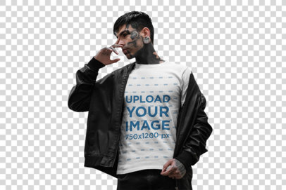 Transparent T-Shirt Mockup Featuring a Goth Man With Face Tattoos 26602