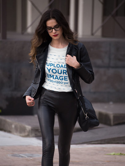 Woman Wearing a T-Shirt Mockup While Going to Work