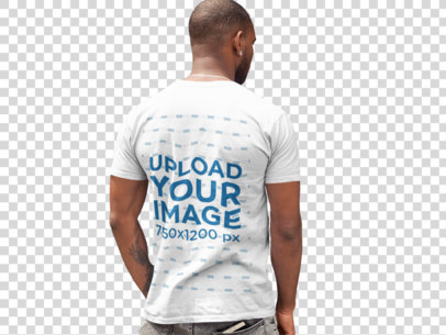 Transparent Back Mockup of a Handsome Man Wearing a T-Shirt Facing a Black Door