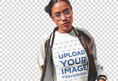 Transparent T-Shirt Mockup Featuring a Woman Wearing Clear Glasses