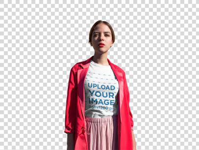 Transparent T-Shirt Mockup of an Elegant Woman Wearing a Fashionable Outfit