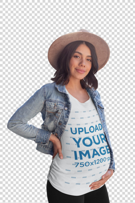 Transparent T-Shirt Mockup of a Pregnant Woman on a Balcony