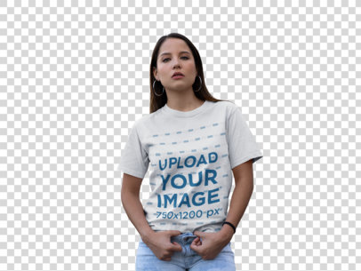 Transparent Unisex Tee Mockup of a Serious Young Woman With Hoop Earrings