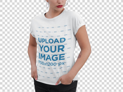 Transparent Frontal Closeup of a T-Shirt Mockup Featuring a Woman