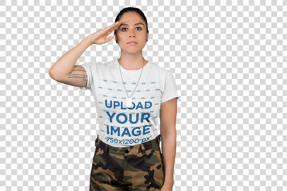 Transparent Round Neck Tee Mockup Featuring a Veteran Woman Saluting Against a Gray Background