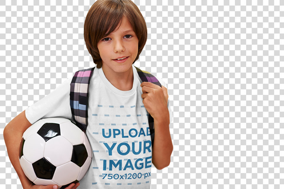 Transparent T-Shirt Mockup Featuring a Boy Carrying a Soccer Ball at School 