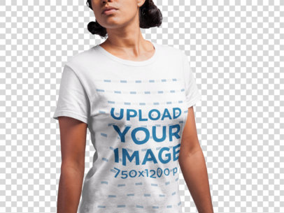 Transparent Closeup T-Shirt Mockup Featuring a Woman with Double Buns Against Flat Surface