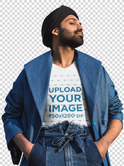 Transparent V-Neck Tee Mockup of a Trendy Man in a Proud Pose 