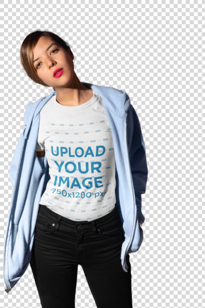 Transparent Crewneck Tee Mockup Featuring a Serious-Looking Woman in a Casual Outfit