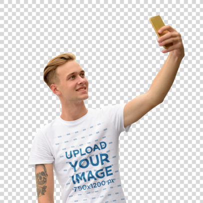 Transparent Basic T-Shirt Mockup of a Young Man Taking a Selfie 