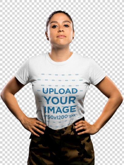 Transparent T-Shirt Mockup of a Veteran Woman with a Confident Pose