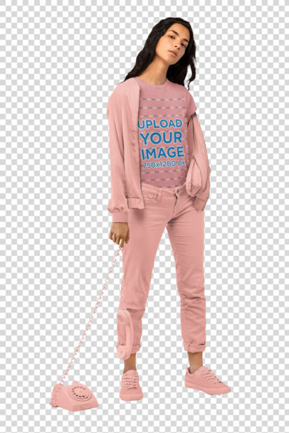 Transparent T-Shirt Mockup of a Woman Holding a Vintage Telephone at a Studio