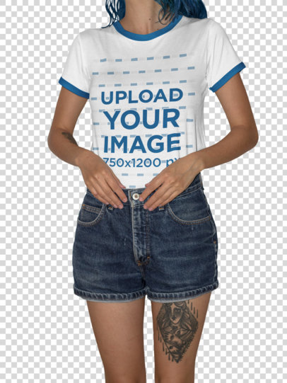Transparent Cropped Face Woman Wearing a Ringer T-Shirt Mockup Against a White Wall 