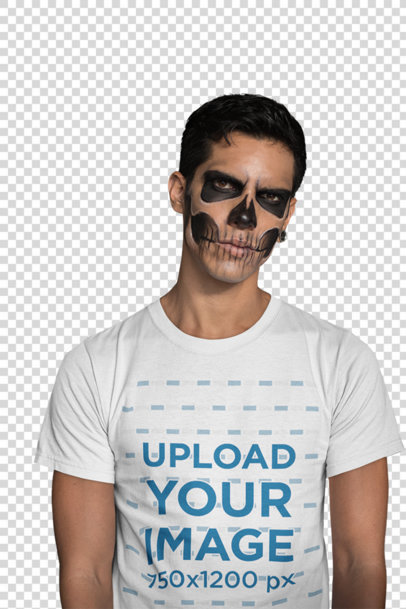 Transparent Mockup of a Man Wearing a T-Shirt and Skull Makeup 22942
