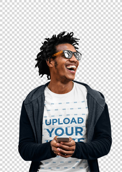 Transparent T-Shirt Mockup of a Happy Man with Reflective Glasses