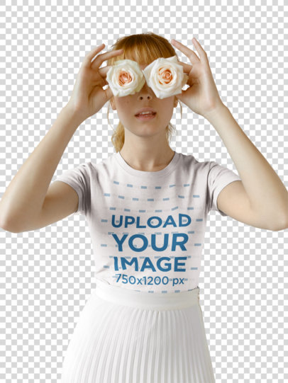 Transparent T-Shirt Mockup Featuring Holding Two Roses Up to Her Eyes