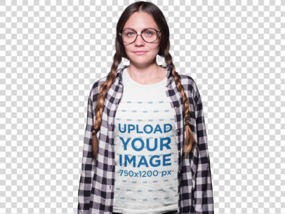 Transparent Nerd Woman Wearing a T-Shirt Mockup and Glasses in a Gray Room