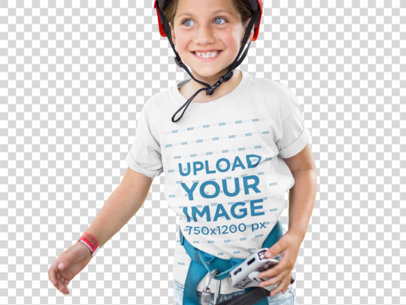 Transparent Smiling Girl Wearing a T-Shirt Mockup While Wearing a Red Helmet