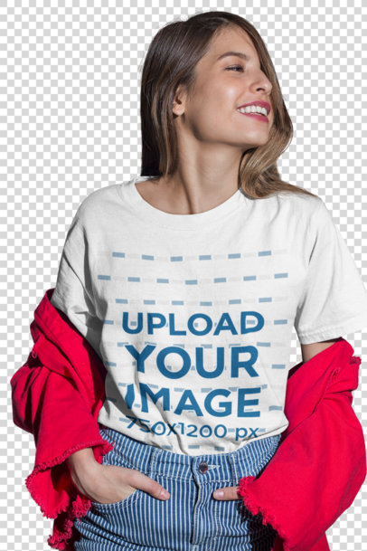 Transparent Unisex T Shirt Mockup Featuring a Happy Woman with a Trendy Outfit